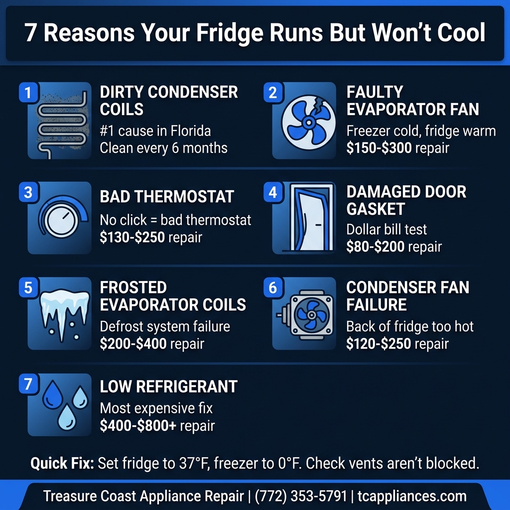 Infographic showing 7 reasons your refrigerator runs but won't cool - dirty condenser coils, faulty evaporator fan, bad thermostat, damaged door gasket, frosted evaporator coils, condenser fan failure, and low refrigerant with repair costs for each