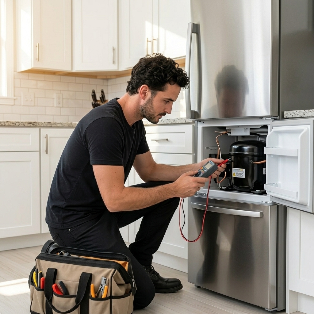 Professional appliance repair technician servicing a refrigerator in a modern kitchen in Port St. Lucie, Florida