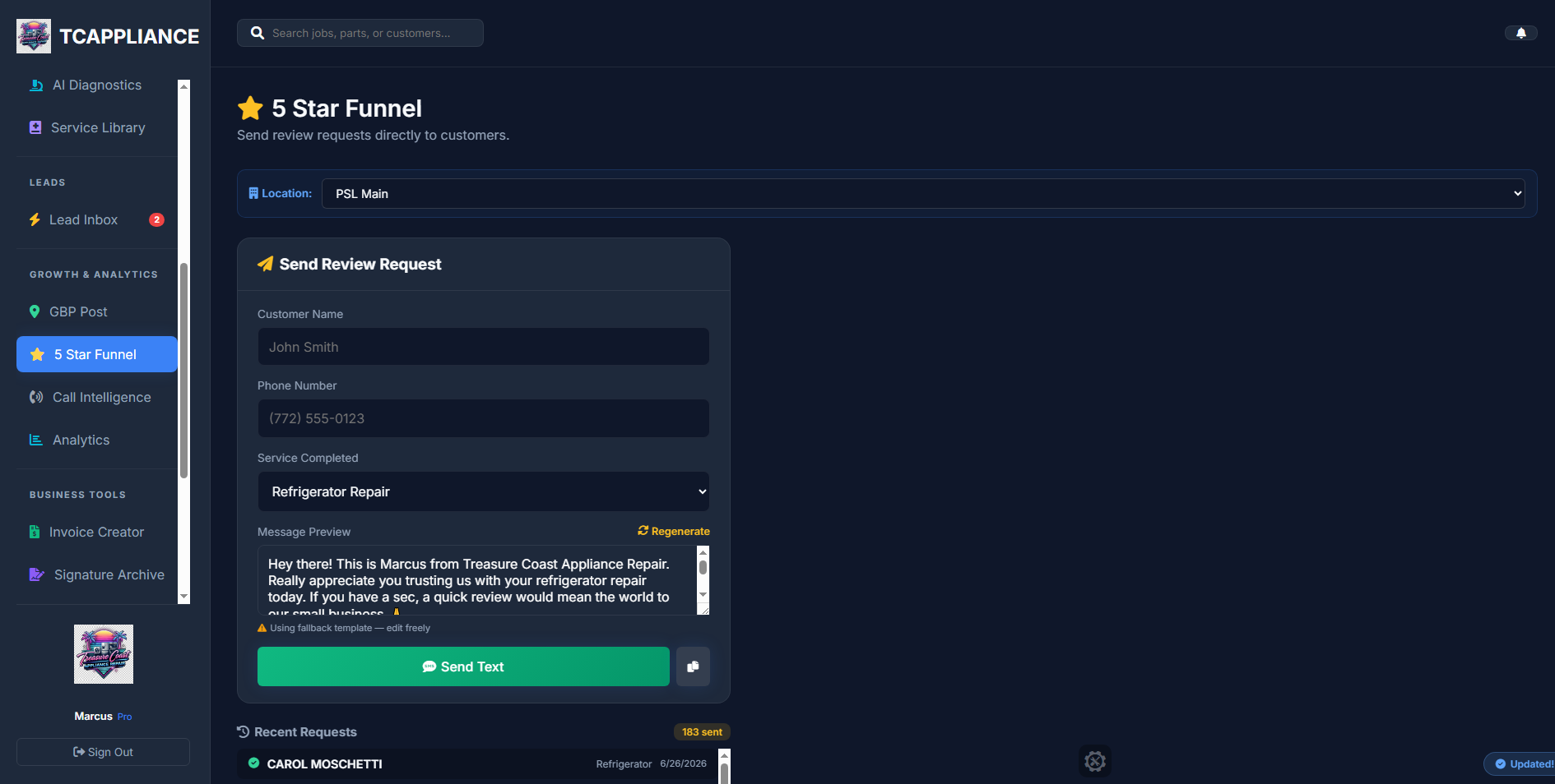 5-Star review funnel with 183 review requests sent