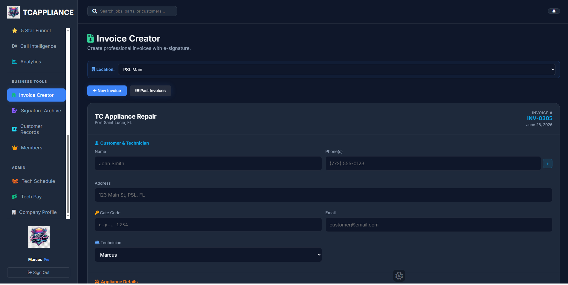 Professional invoice creator with e-signature